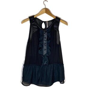 Free People Sleeveless Tank Top Sz S Ruffle Faux Leather Straps Sheer Goth Biker